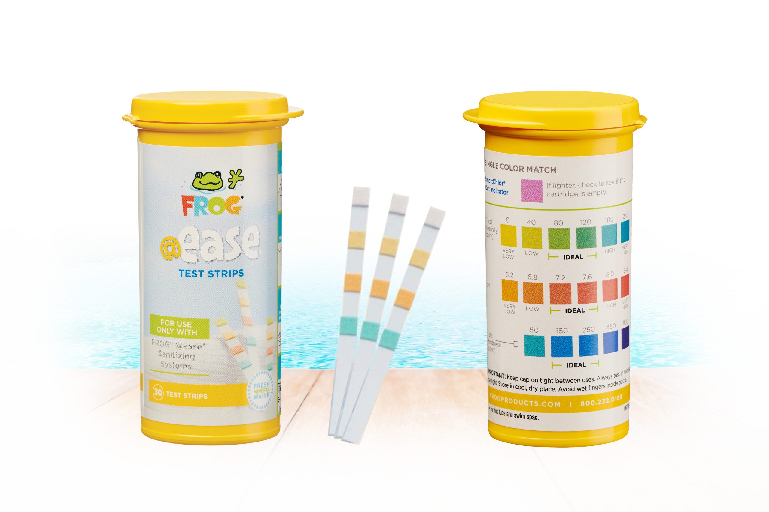 FROG® @ease® Test Strips front and back packaging with a few strips removed to show the color indicators.