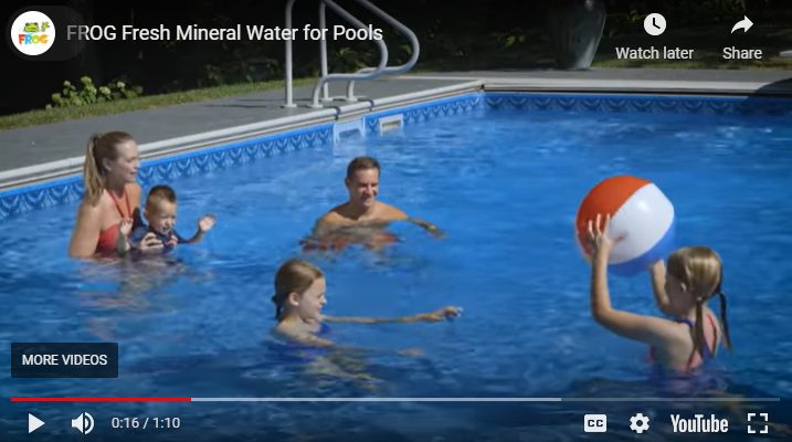Thumbnail image for video titled “What Is Fresh Mineral Water® for Pools?” showing a clear blue backyard pool with mineral and chlorine icons blending in the water.