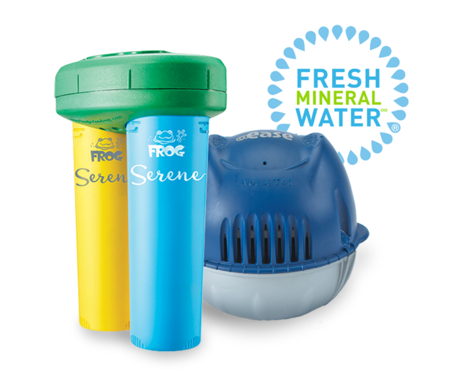 FROG Hot Tub Products Image of FROG Serene Floating System and FROG @ease Floating System with the FROG Fresh Mineral Water logo