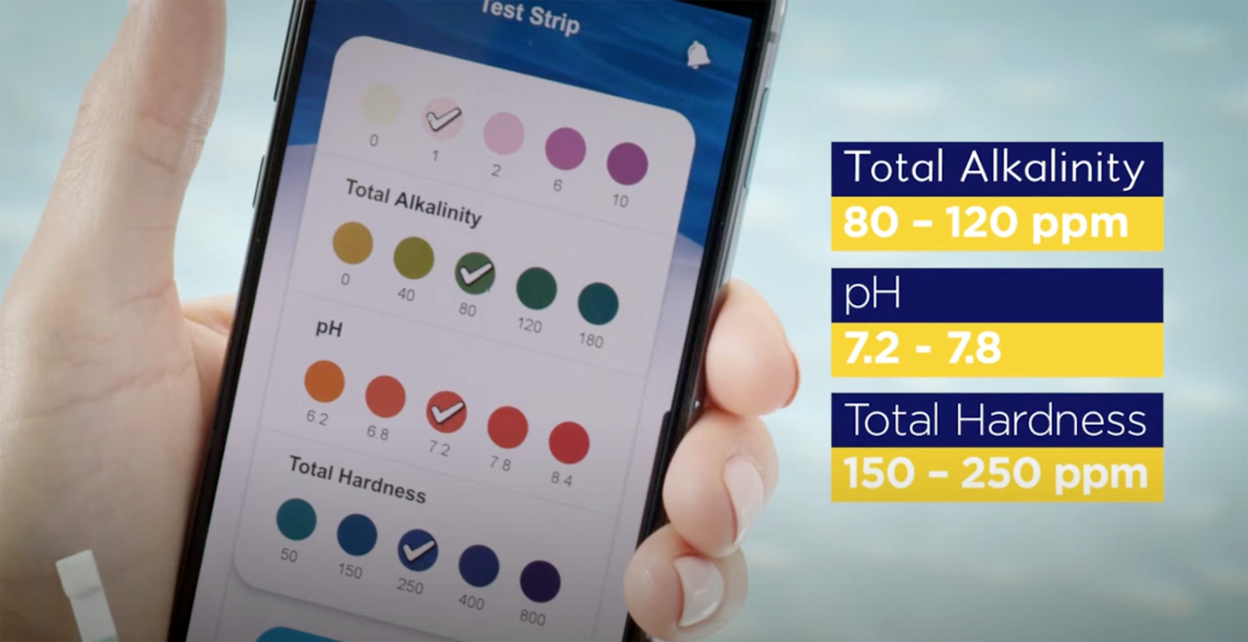Ideal Levels for Hot Tubs An image of a phone with the testing screen on the FROG Water Care App. To the right the ideal levels are listed: Total Alkalinity at 80 - 120 ppm., pH at 7.2 - 7.8, and Total Hardness at 150 - 250 ppm.