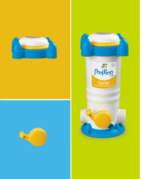 Pool FROG Cycler and Replacement Parts A three image collage with a Pool FROG Cycler and its replacement cap and dial.