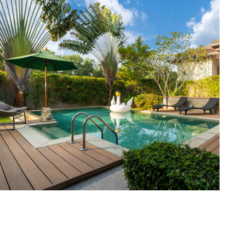 Outdoor Pool with Greenery Outdoor pool with lots of greenery and shrubs surrounding it.