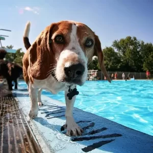 Dog-in-Pool Dog walking on edge of pool