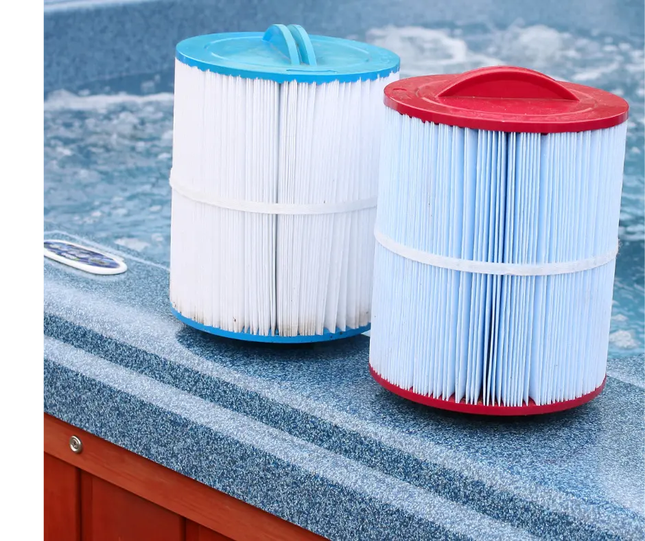 2 hot tub filters sitting on the edge of a gray and red hot tub.