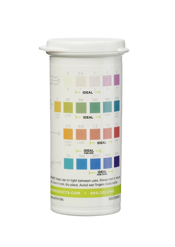 Frog test strip bottle. The over bottle is white, but the colors on the side are shown to hold comparison to the actual test strip after dipping it in the water that you are measuring.