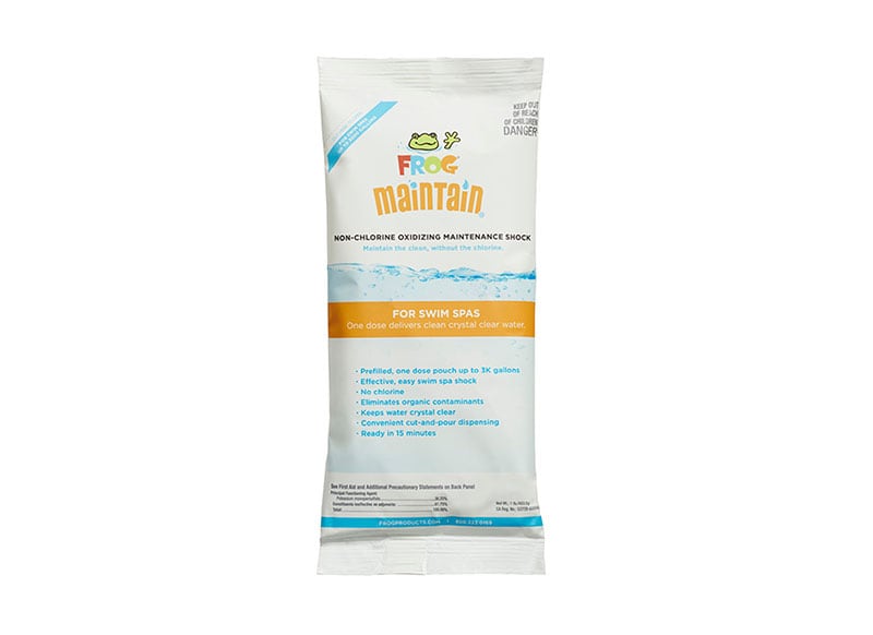 FROG® @ease® Maintain — Swim Spa Water Care with Video Guide FROG® @ease® Maintain product displayed next to the Swim Spas Maintain instructional video.