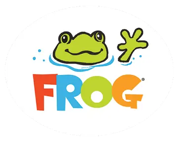 A FROG reaching out of the water with the word FROG below it in bright colors