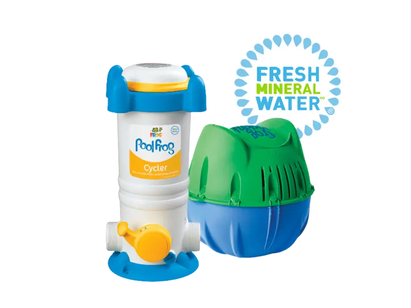 Pool FROG Cycler next to Flippin' FROG and the Fresh Mineral Water Logo