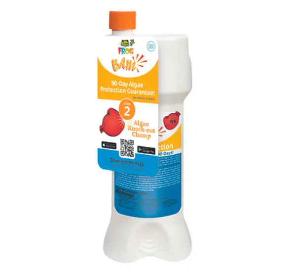 A closeup shot of a bottle of FROG BAM Algaecide