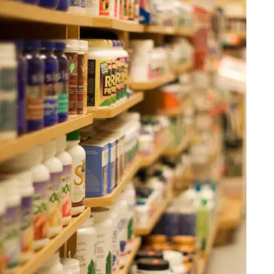 A photo of the shelves of sanitizing products at a local dealer