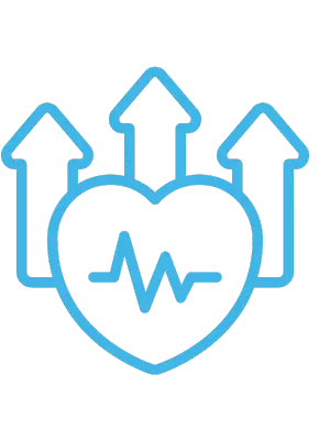 blue clip art of a heart beat with trending upwards arrows behind it.