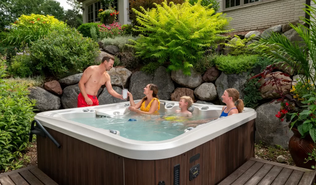 Family of 4 relaxing on a sunny day in their hot tub Family relaxing in an outdoor hot tub with landscaped garden surroundings, one person standing outside offering a drink