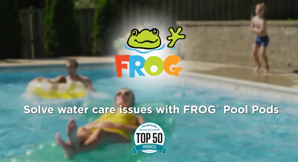 Pool-Solutions-YouTube-Video-Image FROG Pool Pods logo over pool scene with people swimming, text reads "Solve water care issues with FROG Pool Pods" and "Top 50 Products 2025" badge