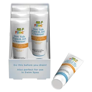 Hot Tub Pipe & Jet Cleanser - Tubes 500x500 A product display showing multiple tubes of FROG Hot Tub Pipe & Jet Cleanser arranged in packaging with one tube positioned outside the box.