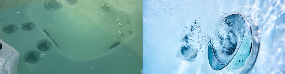 Hot Tub Water Transformation — Before and After Using Supporting Chemicals Before-and-after hot tub water — left side shows green, cloudy water; right side shows crystal-clear, balanced wate