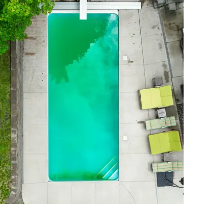 Aerial view of a rectangular swimming pool with greenish water, suggesting algae growth. The pool is bordered by a concrete deck, with green-cushioned lounge chairs and a small table on the right side. Greenery is visible at the bottom edge and a tree partially appears in the top left corner.