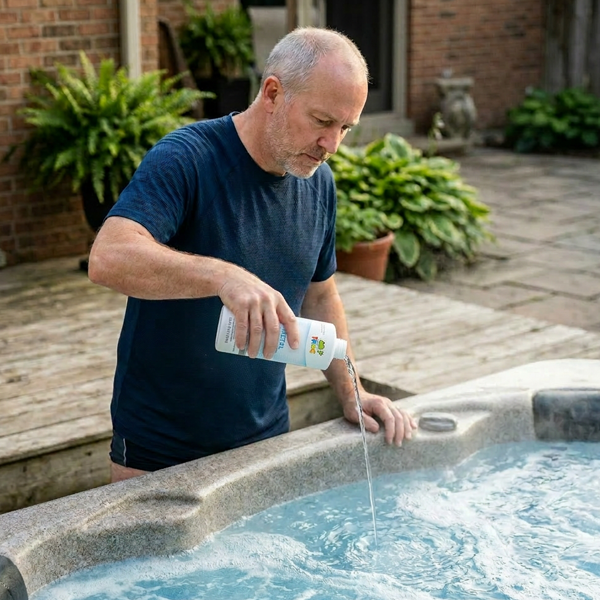 FROG Defoamer – In-Use Lifestyle Shot A man pouring FROG Defoamer into a bubbling hot tub in an outdoor brick patio setting