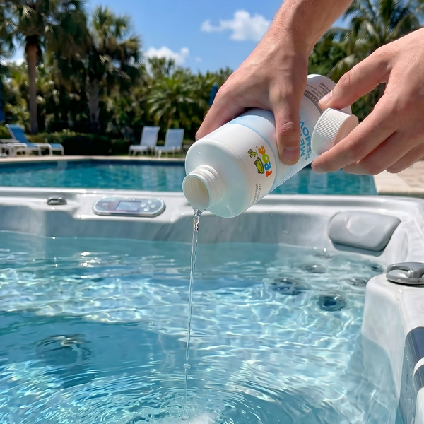 FROG Metal Remover – In-Use Lifestyle Shot Two hands pouring FROG Metal Remover into a clear blue hot tub with a pool and palm trees in the background.