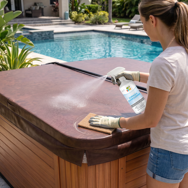 FROG Surface & Cover Cleaner – In-Use Lifestyle Shot A woman spraying FROG Surface and Cover Cleaner onto a brown hot tub cover while wiping it with a scrub pad outdoors